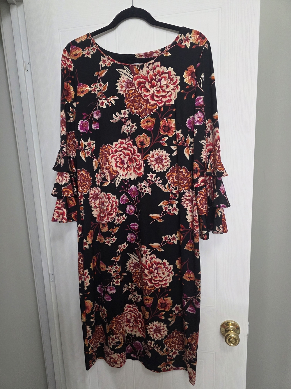 Shelby & Palmer Black Floral Midi Dress with Ruffled Long Sleeves